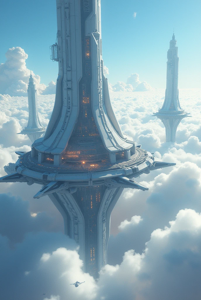 Generate a science fiction illustration, depicting a futuristic floating city on a sea of clouds with spaceships, transiting between skyscrapers and huge holograms on the horizon