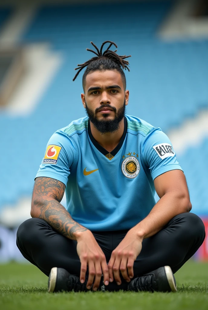 Young handsome attractive Muslim man with white skin brown eyes thick lips athletic body masculine energy and sexy black hair shaved on the sides with gradient and braids defined chin trimmed beard colorful tattoo wearing in a light blue and white stadium sitting on the grass with Uruguay shirt happy wide photo

