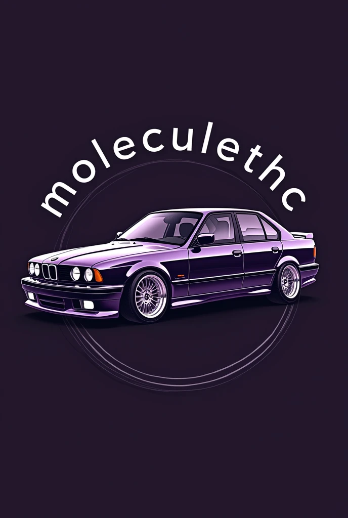 Le logo présente une vue de profil d’une BMW E34 au centre, avec le texte “MoleculeTHC” écrit au-dessus et “Bartoch” écrit en dessous. Le fond du logo est dans une couleur violet foncé. L’E34 au centre est représentée dans un style de dessin realiste L’ensemble du design est compact et circulaire, créant un logo cohérent et visuellement frappant qui communique efficacement l’accent mis sur les modifications et les services de tuning personnalisés pour les E34.
