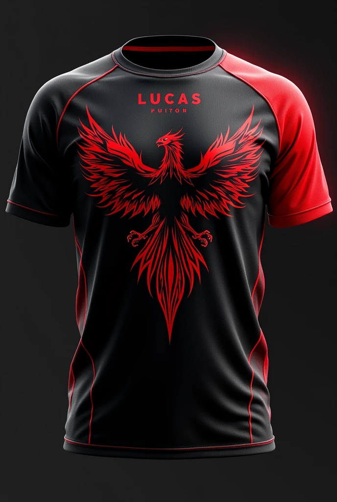 Make an image of an interlayer shirt with a black background and red details, with the phoenix mascot and phoenix wing on the shirt, the back of the shirt with the name “LUCAS”