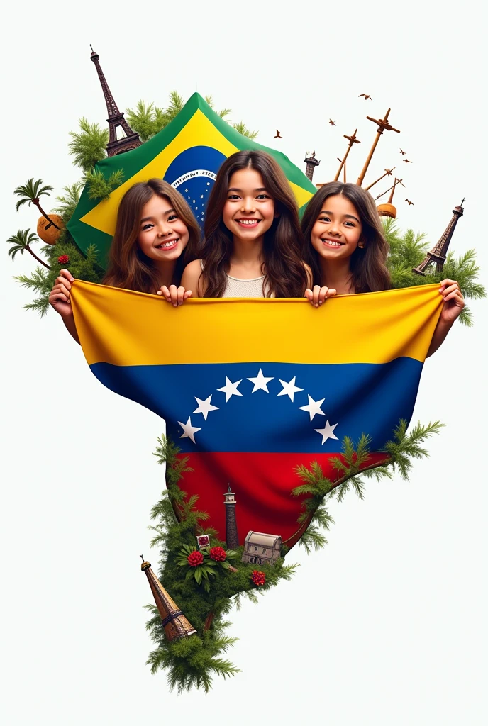 Smiling teenagers holding the Venezuelan flag inside the map of Brazil with things from the culture of Venezuela and Brazil