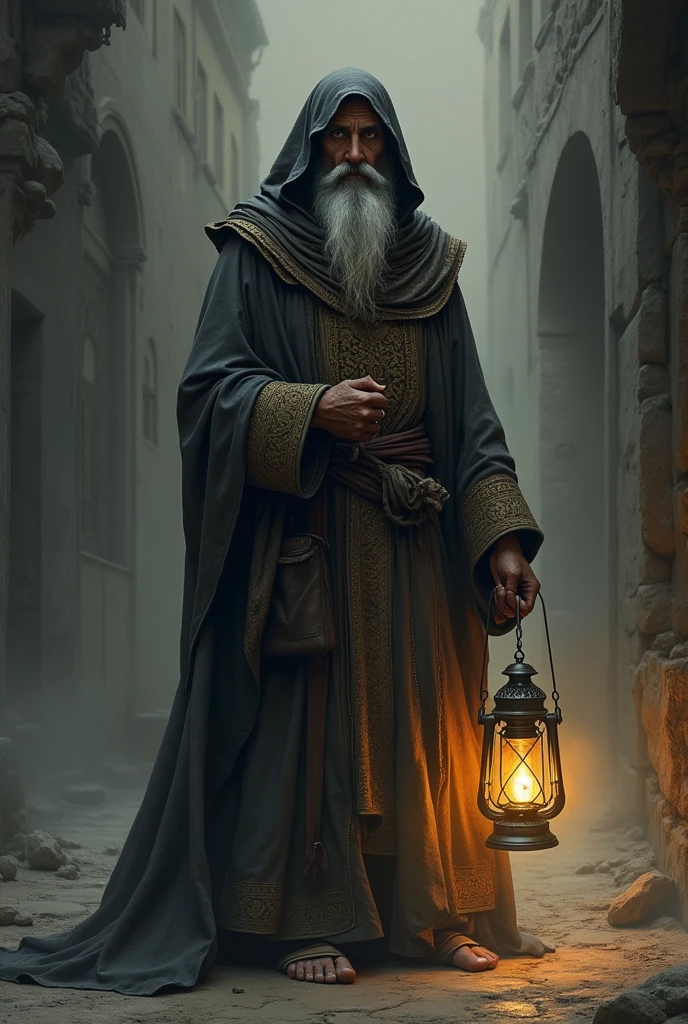 A mysterious fakir in a flowing  robe holding a lantern standing tall and eyes peirceing easy drawing 