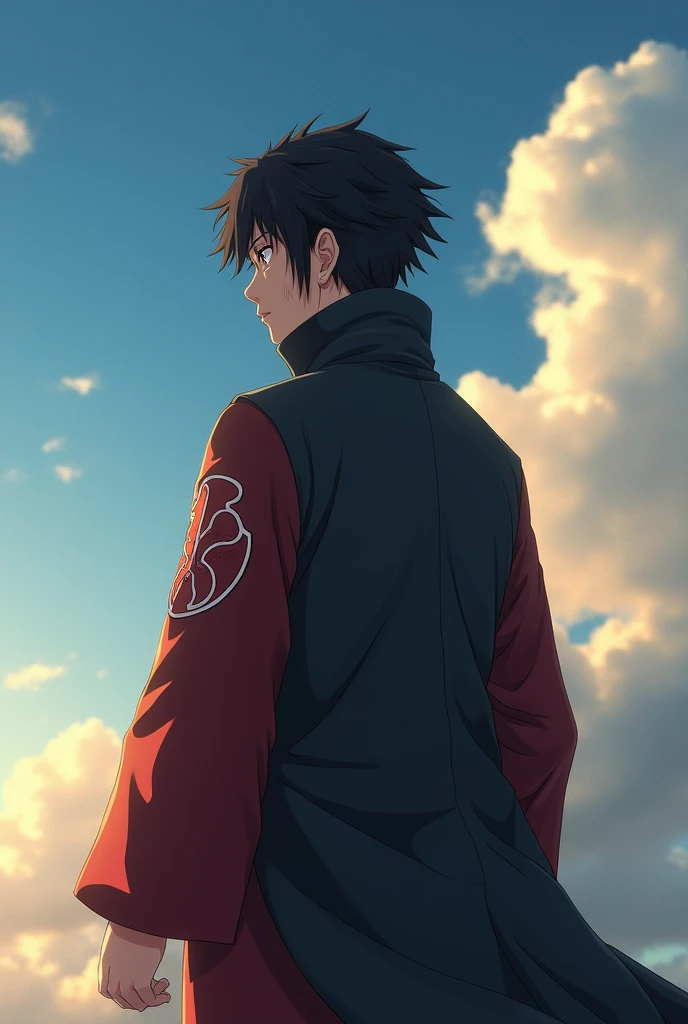 Creates a realistic image of Shikamaru Nara from behind,with the nara clan's overcoat against the backdrop of a sky