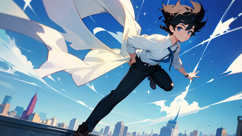 A very cool high school boy in a school uniform、smile、Black Hair、Short Hair、Blue sparkling eyes、Walking around the city、One person、solo、Retro anime style