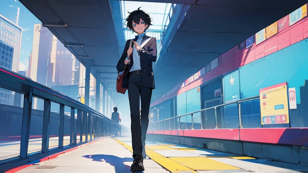 A very cool high school boy in a school uniform、smile、Black Hair、Short Hair、Blue sparkling eyes、Walking around the city、One person、solo、Retro anime style