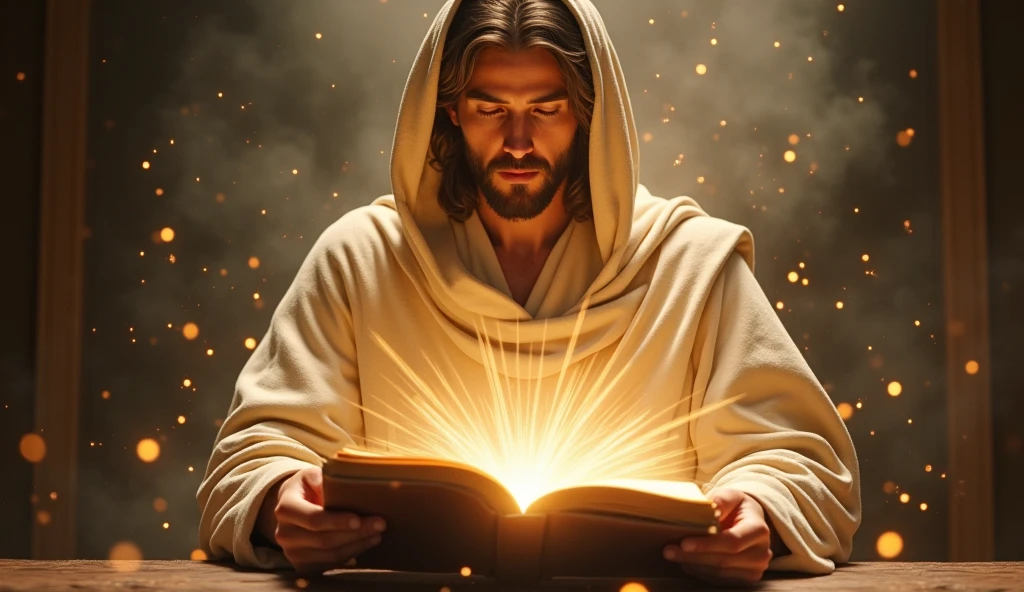 Jesus opening a book of life, showing blank pages waiting to be filled with purpose, a clear light emanates from Jesus Christ who is wearing a beige cloak over his head, and small lights fly over the entire scene, a beautiful and impressive image