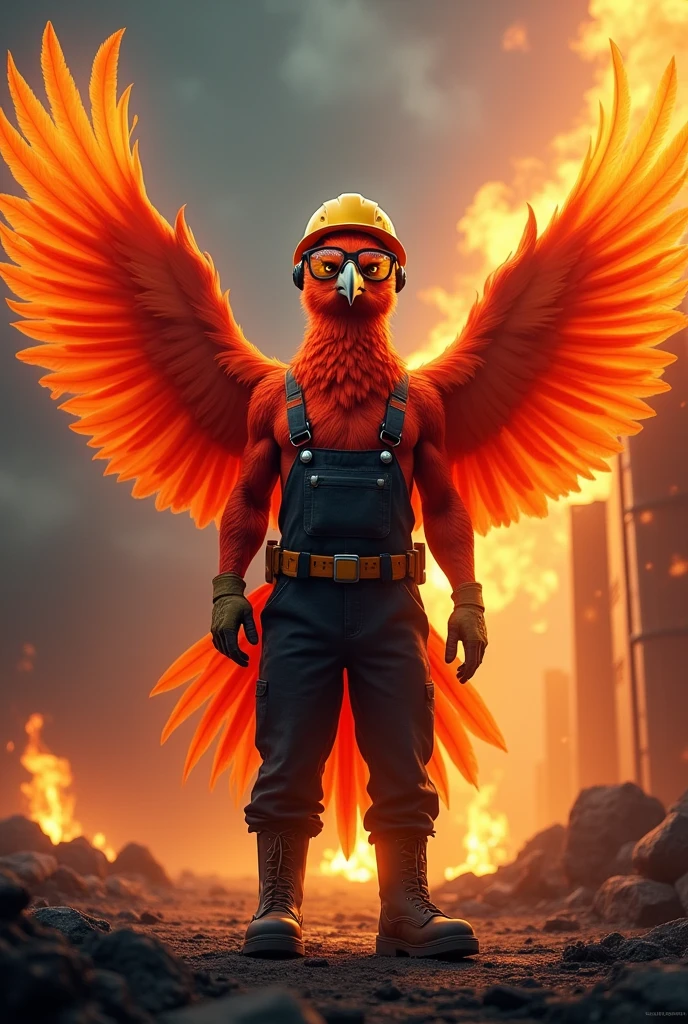Ave fenix, with safety helmet, safety glasses, ear plugs, safety boots and black overalls