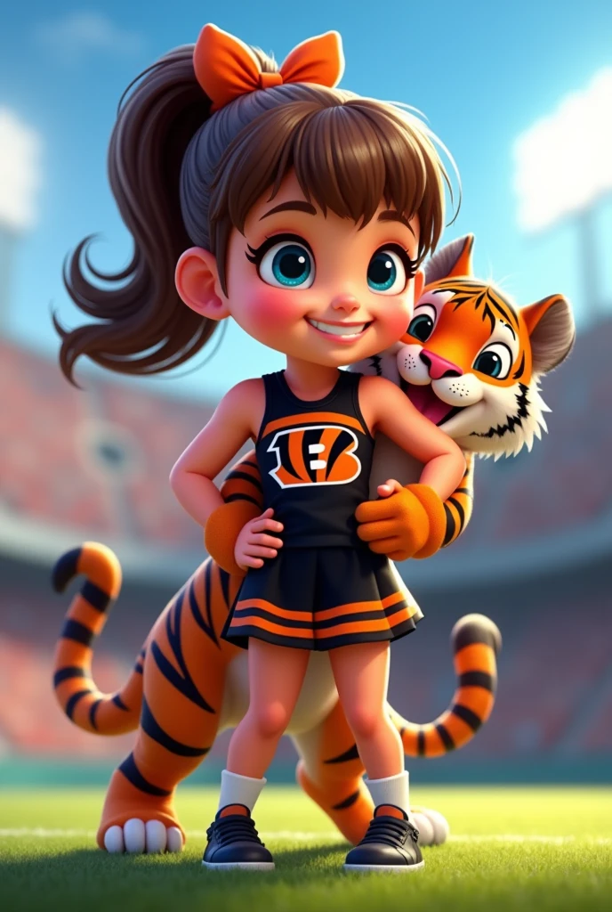 Bengals cheerleader tween
Chunky body
Brown hair, medium length in ponytail, bangs,
blue eyes
football field
Black & orange one piece outfit with Bengals logo black shoes
No socks
hair bow
With tiger hugging
Smiling