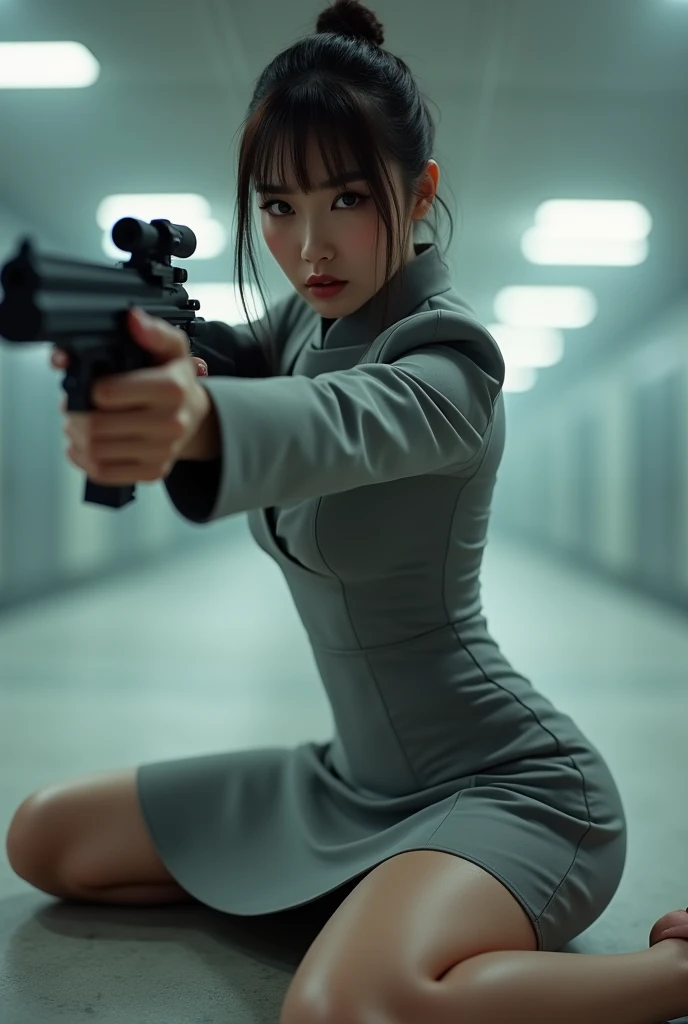 real person realistic beautiful korean flight stewardess grey super tight dress mini skirt standing stance legs open spreading arms straighten full portrait holding rifle gun pointing shouting at you front facing hip low waist aiming at you shooting range sexy legs
