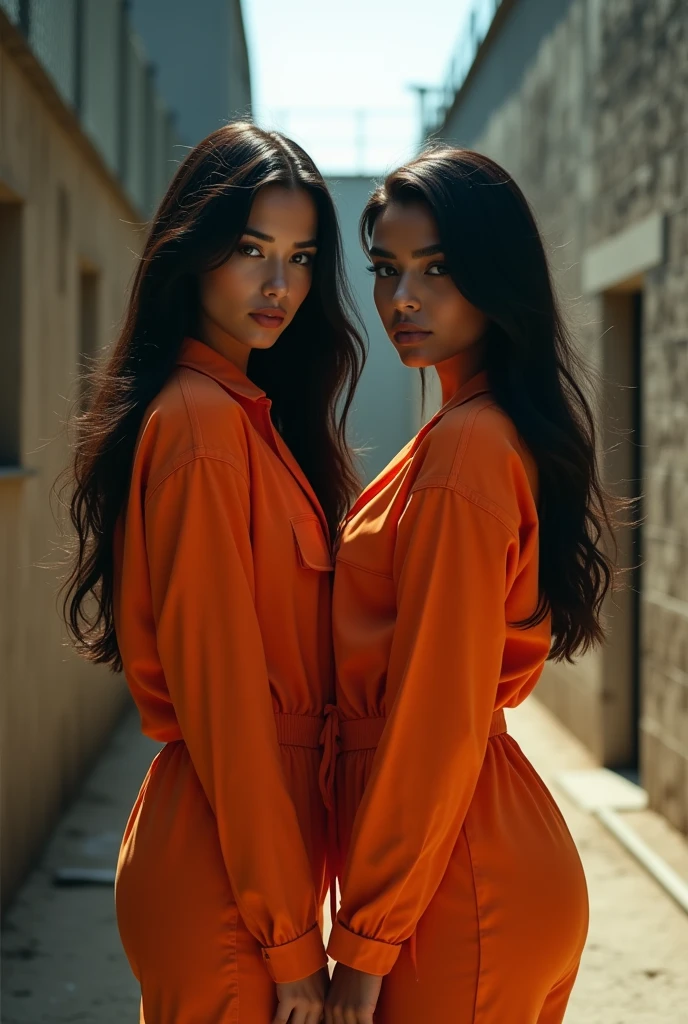 beautiful Instagram model, (long black hair:1.2), with her friend, orange prison jumpsuit, prison yard, realistic, photorealistic, 4k, high quality, detailed, dramatic lighting, cinematic, fashion photography, editorial, dramatic pose, looking at camera, offener jumpsuit, große boobs