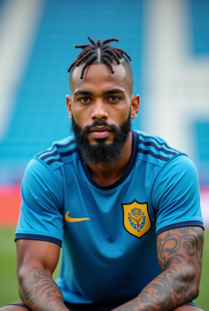 Young handsome attractive Muslim man with white skin brown eyes thick lips athletic body masculine energy and sexy black hair shaved on the sides with gradient and braids defined chin trimmed beard colorful tattoo wearing in a light blue and white stadium sitting on the grass with Uruguay shirt happy wide photo

