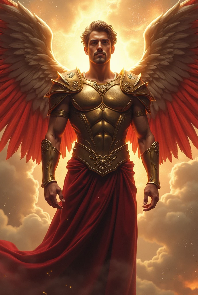 male character, Arcanjo Miguel, Astronomical images, details Intricate, realisitic, big red wings, angelic background, Catholic illustration image of Arcanjo Miguel, Male Characters in the Bible, Michael wears angel armor, cosmic background, Archangel and backlighting, Full body image of an angel, Maximum detail and her angelic face and wings, pele perfeita realisitic, The highest image quality, Miguel stands out in the image with strong and striking colors.