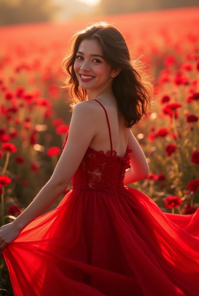 Set the resolution to UHD with Ultra Realistic 16K image quality. Apply RAW Photography techniques with a realism. Ultra-fine details that cannot be seen on the retina:1.2. vector images. Overflow, (Sharp Focus), break, solo:1.4, Correct to detailed connection angles for perfect anatomy ((four fingers and thumb)):1.1. Emphasize the ((jelly-like fresh)) and natural gleaming faint lips (1.4).,break, solo:2, Ensure perfect connecting clothes, detailed clothes, an elegant and clean look, and a perfect body style., break, Highlight the model's stunning large (brown aqua eyes) (1.3), optionally include beautiful, detailed, soft C-cup sized breasts with subtle drooping, and a detailed medium-sized rear (1.2).,(Curvaceous Body:0.9), break, Emphasize the beautiful medium bob hairstyle (1.4) and (Realistic Moisture Skin) (2).,(Centered image)1.3, (Perfect style Female), break, solo:1.4, (She wears an enchanting, flowing crimson gown with delicate lace accents that exude elegance and grace. Engaging in a gentle, ethereal dance-like pose, she appears to be floating on air. Her serene and enchanting smile radiates warmth and allure, making her irresistibly attractive in the soft and light atmosphere of the all-red world. , break, A dreamy and romantic red flower field, where vibrant scarlet blooms stretch as far as the eye can see. The soft and warm sunlight bathes the entire scene, creating a heavenly atmosphere. Surrounded by the red flowers, she stands as a mesmerizing figure, harmonizing with the red world around her. , break, The gentle and light atmosphere enhances her allure and attractiveness, making her appear like a captivating fairy in this enchanting world of red. The combination of her flowing crimson gown, ethereal pose, and enchanting smile creates an image of a graceful and alluring actress, as if she is a bewitching nymph of the all-red realm, captivating viewers with her ethereal beauty amidst the breathtaking crimson scenery.)1.5