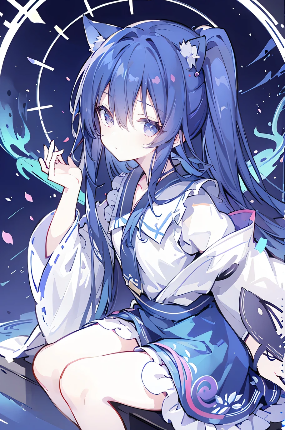 (Masterpiece:1.2),Ultra-detailed,lifelike,The eyes are expressive,Fair skin,Perfect face shape,1 girl,Japanese Manga,Gorgeous blue hair,Flowing blue hair,Flowing clothes,Cat ears,Petals falling,Shy face,sitting on window,Place your hand on your lips,masterpiece, absurdres, novel cover, cover illustration, 1girl, solo, dark blue-haired ponytail, mage robes, flower background, clock background, monochrome, line drawing
