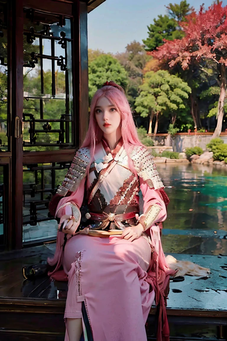 a beautiful woman with long pink hair and green eyes, traditional chinese clothing, chinese imperial princess, traditional dress, tang dynasty, sakura, garden with imperial palace in background, detailed face, high quality, hyper realistic, 8k, photo realistic, intricate details, delicate colors, dramatic lighting, elegant pose, cinematic composition
