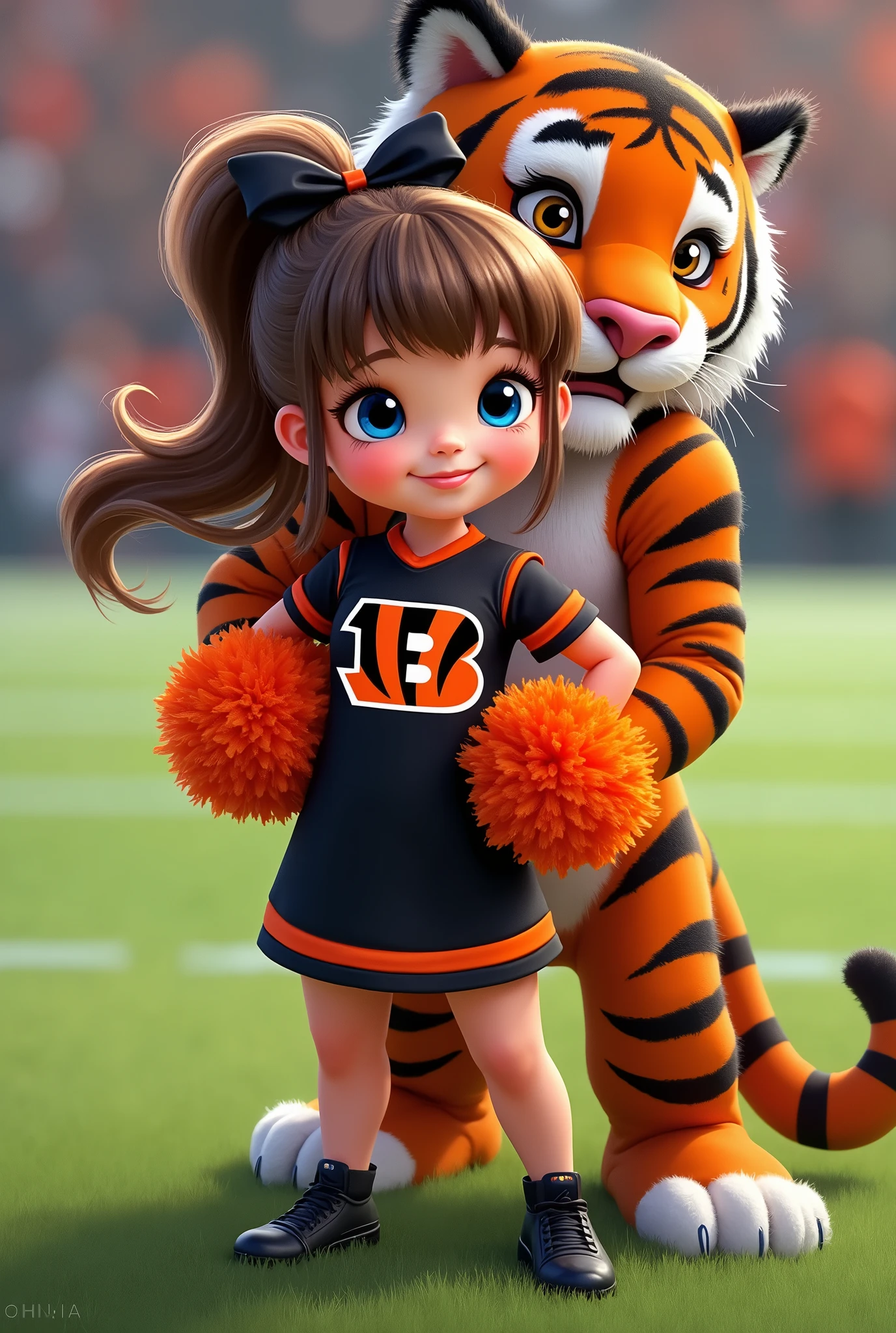 Bengals cheerleader tween
Chunky body
Brown hair, medium length in ponytail, bangs,
blue eyes
football field
Black & orange one piece outfit with Bengals logo black shoes
No socks
hair bow
With tiger hugging
Smiling
Orange pompom on field