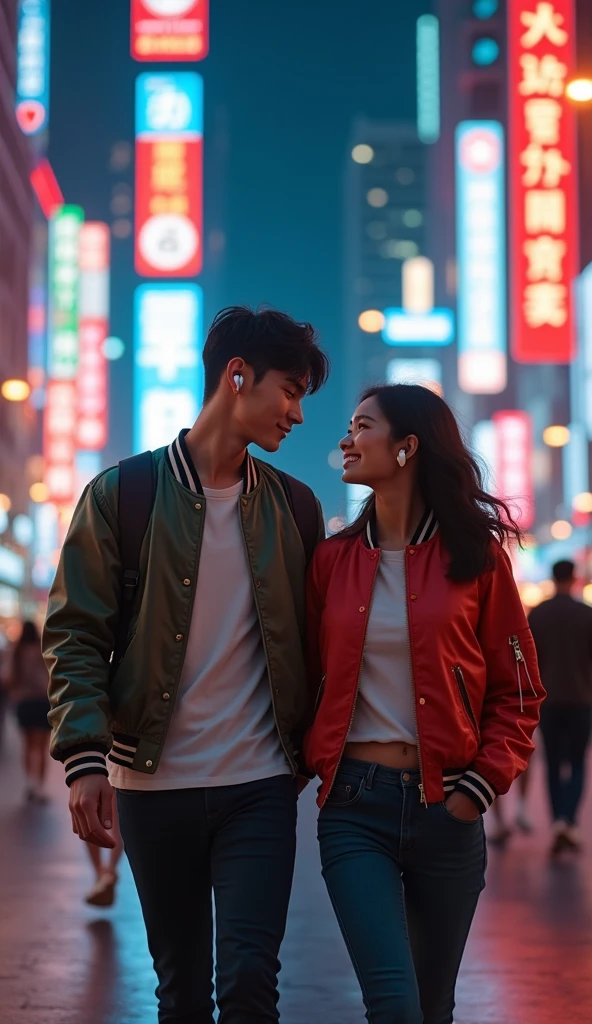 a couple of lovers a beautiful asian man and woman, 20 years old, clean face, wearing elaborate bomber jackets, wireless earphones, boldly walking around the metropolitan square at night, creative complexity, perfect composition, high clarity, highest resolution,