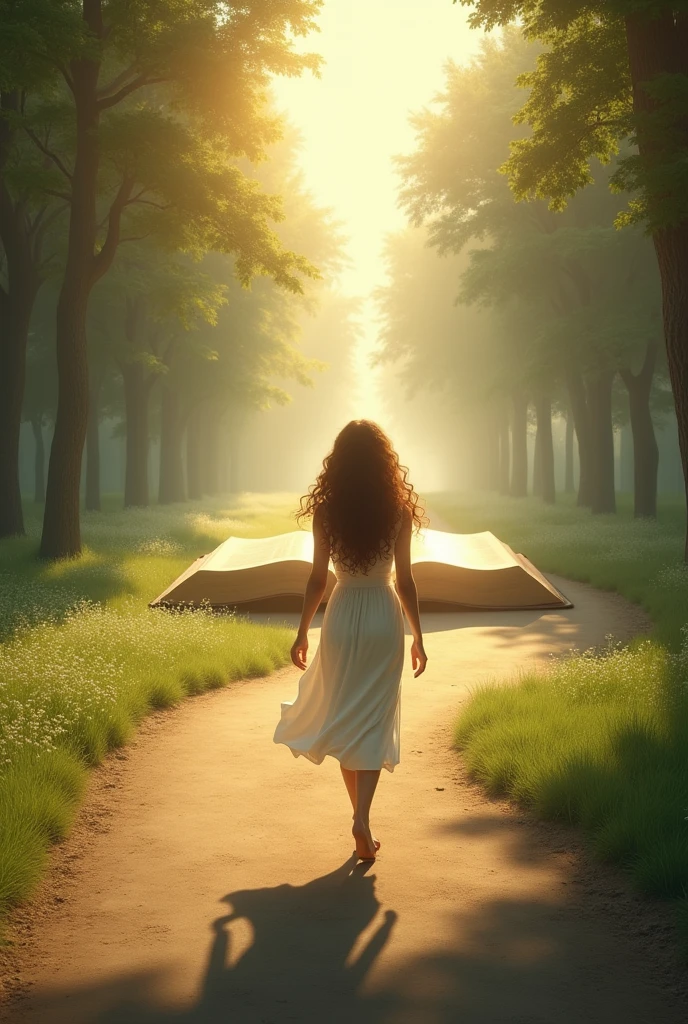 A woman in a white dress, long brown curly hair; walking on a long road, towards a large, shiny open Bible