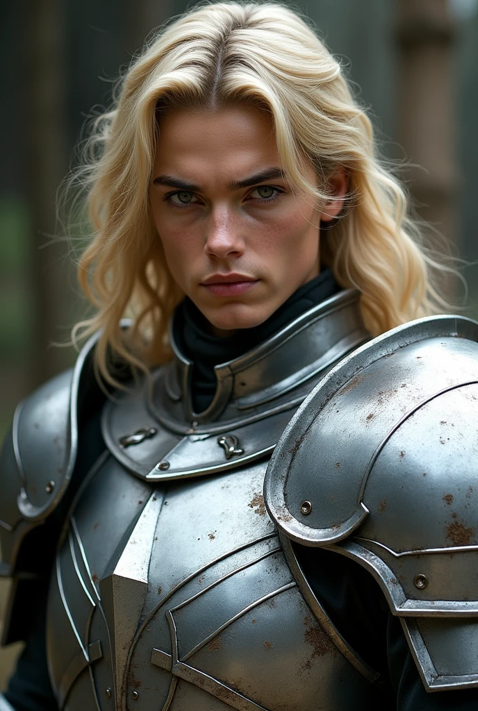 Create a handsome hellman soldier in silver armor that looks intimidating, blonde hair above her shoulders and honey-colored eyes, that looks bad and has a bad smile. Don't make him old and don't give him a beard either