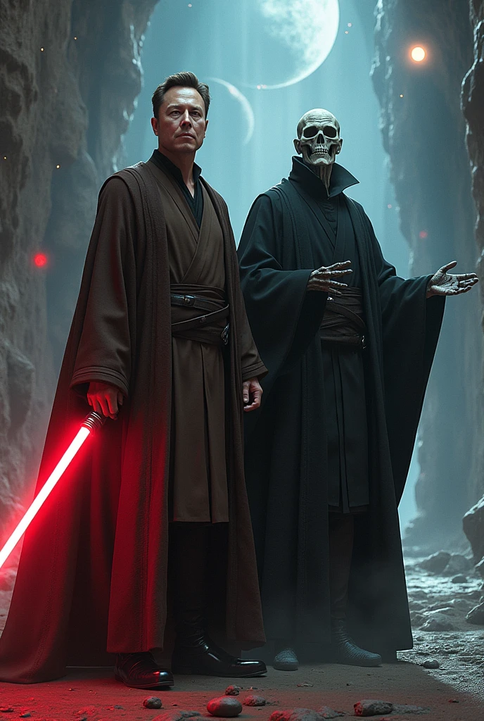 Create an image with Elon Musk's Obi Start Wars outfit raising Voldemort