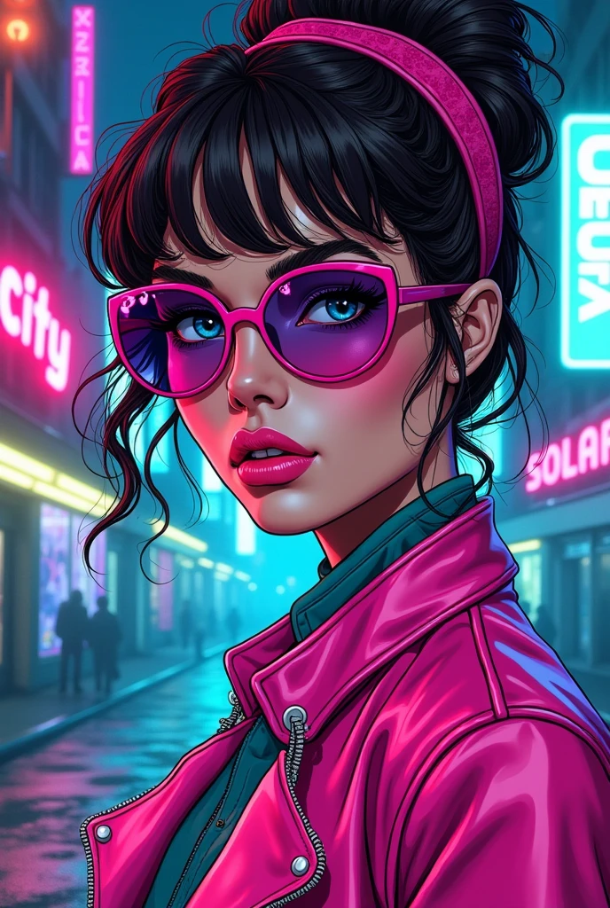 A vibrant 1980s cyberpunk illustration of a woman with wavy hair in a vintage updo, wearing a pink headband and oversized sunglasses with purple gradient lenses. Her striking blue eyes and neon pink lips add to her bold, mysterious look. She sports a glossy magenta leather jacket with a high collar, revealing a teal inner layer. The background features a neon-lit city street at night, with signs like 'CITY' in cyan and 'SOLAR' in magenta, reflecting on wet asphalt. The color palette is neon-heavy, with a comic book style and bold outlines