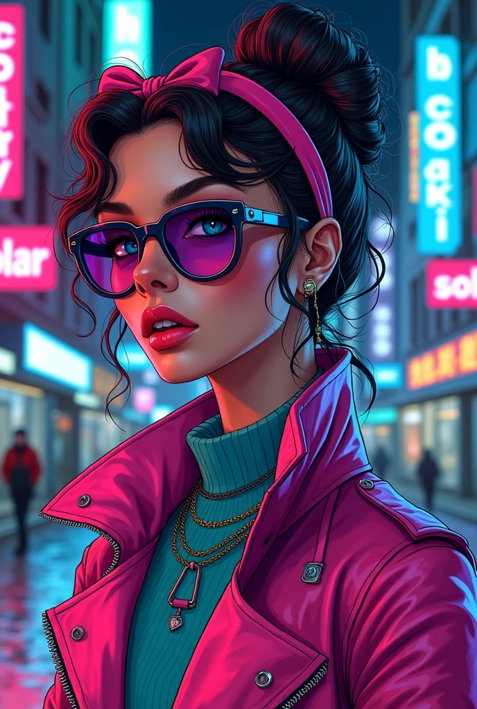 A vibrant 1980s cyberpunk illustration of a woman with wavy hair in a vintage updo, wearing a pink headband and oversized sunglasses with purple gradient lenses. Her striking blue eyes and neon pink lips add to her bold, mysterious look. She sports a glossy magenta leather jacket with a high collar, revealing a teal inner layer. The background features a neon-lit city street at night, with signs like 'CITY' in cyan and 'SOLAR' in magenta, reflecting on wet asphalt. The color palette is neon-heavy, with a comic book style and bold outlines