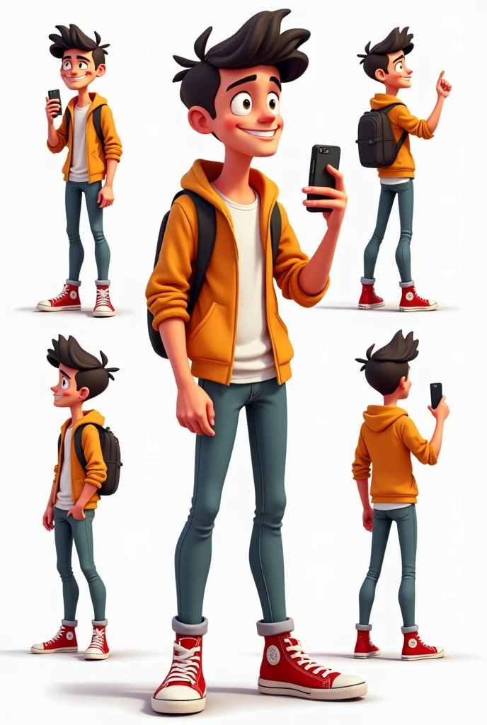 Six teen years old cartoon boy full body head to leg some other poses with his hand also cool and smart