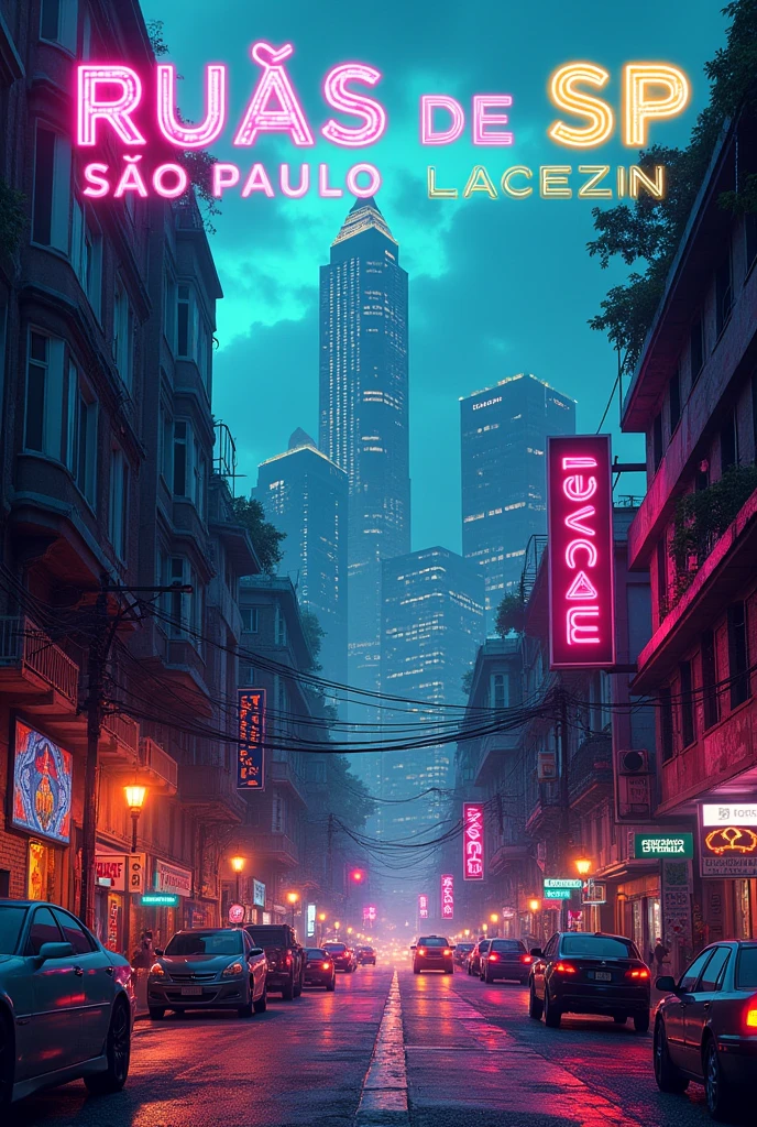 **Create a cover image for a trap gospel song titled "Ruas de SP" by the artist "Lacezin." The design should feature an urban, gritty aesthetic reflecting the streets of São Paulo (SP) with a modern, vibrant style. Include elements like cityscape backgrounds, street art, and neon lights to capture the essence of a bustling metropolis. Integrate gospel themes subtly, perhaps with religious symbols or motifs that complement the urban environment. Ensure