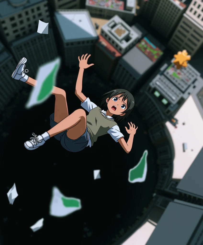 A middle school girl who likes to draw.、Shocked expression as father tears up picture he drew, Falling from the sky into darkness, Makoto Shinkai. Digital Rendering, floating over a city sidewalk, Giant Art, Singey, In a crashed spaceship, falling buildings, [ Realistic photos ]!!, inspired by Un'ichi Hiratsuka, Makoto Shinkai. Octane Rendering, Anime 3D Art