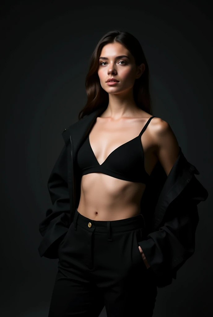 Photography of a 20 year old woman, perfect face, Masterpiece, good, underwear, black_good, jacket, black_trousers