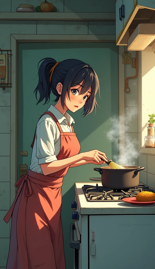 2D anime woman cooking somthing on cook range, poor kitchen vibes