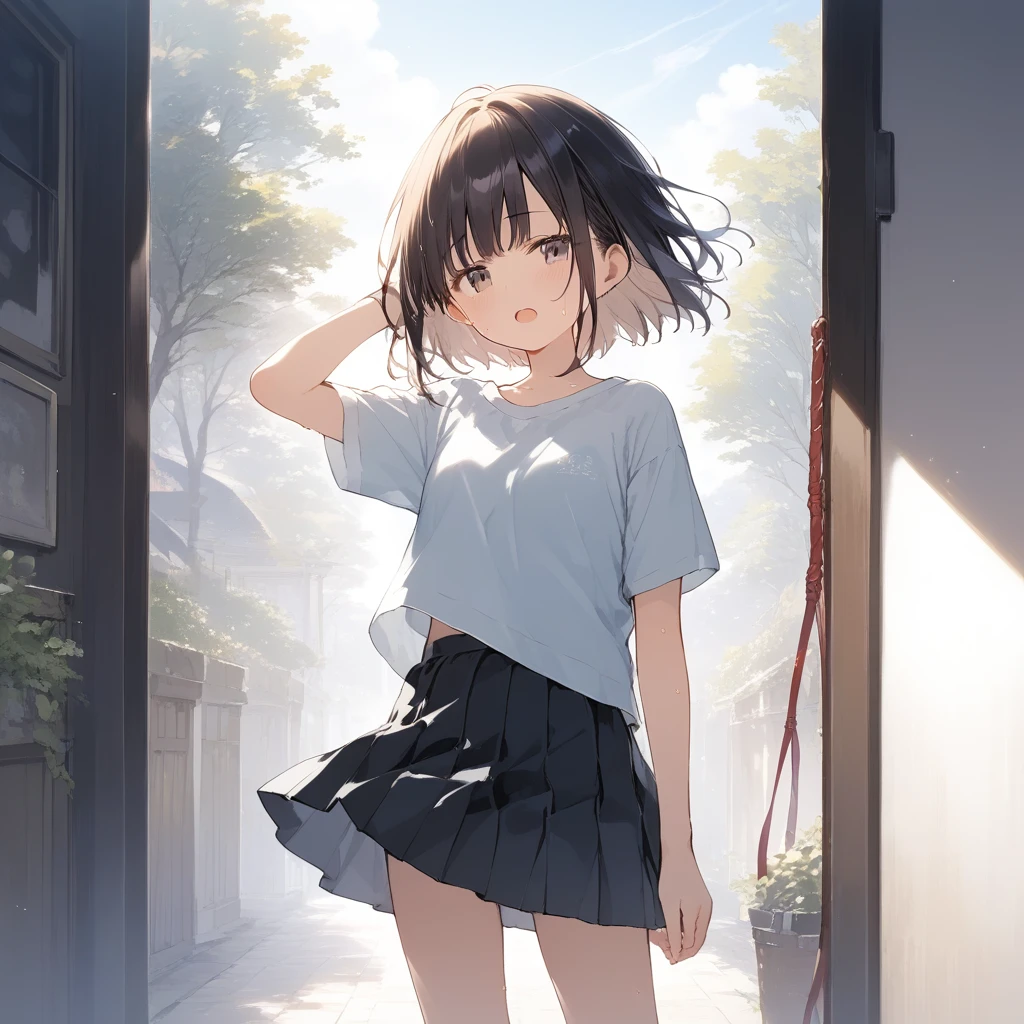 score_9, score_8_up, score_7_up, source_anime, best quality, masterpiece, official art, absurdres, highres, ultra-detailed,waifu2x,Collection: Slice of Life,break,1girl, short hair, small breasts, beautiful detailed eyes, ollared shirt, pleated skirt, sweat, open mouth, (yawn:0.3), sleepily, outdoors, wind, (Detailed Lighting), (Detailed background),break,(clear line illustration:1.2), super detailed skin,very high resolution, very aesthetic, Best sexual lighting powered by famous artist, 8k, 16k, cute picture,beauty illustration,photoshop_(medium),,(Detailed Lighting),best anime 8k konachan wallpaper, pixiv contest winner, ((artist:takeuchi_takashi )),