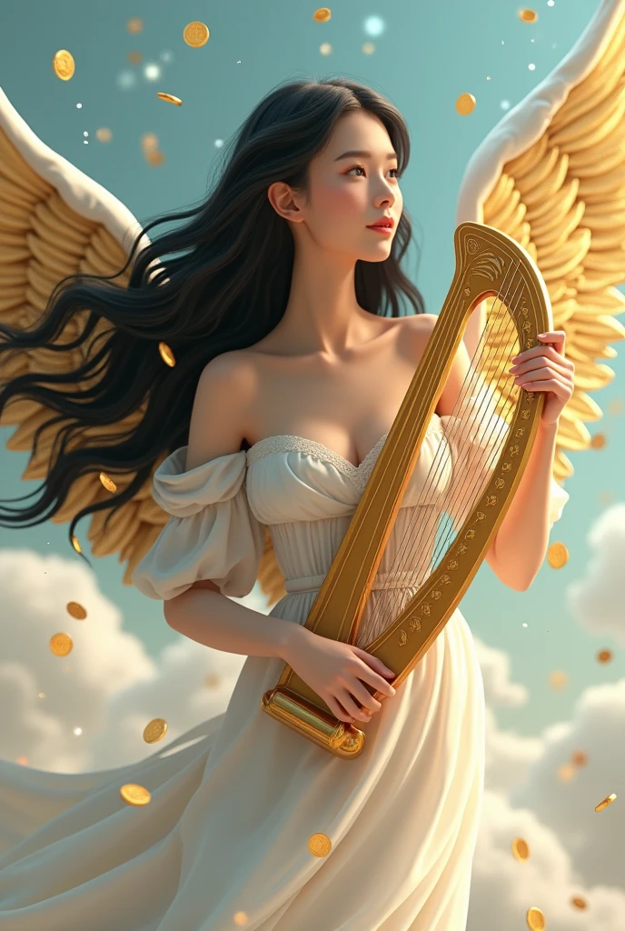 Uma imagem radiante de Apolo, The God of Light and Music, iluminando a paisagem com seu esplendor. He's playing a golden lyre.., while rays of sunshine pierce through the clouds and bathe the scenery with a golden light. Flowers and birds accompany its heavenly melody, criando uma atmosfera harmoniosa.