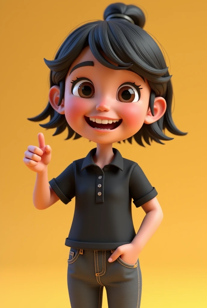 3d animated happy girl making like symbol wearing black collarless polo shirt and craft outfit