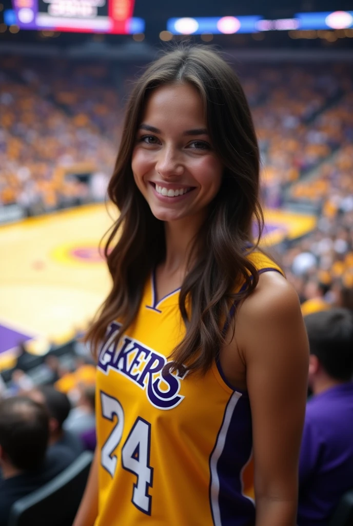 brunette, in a Lakers basketball jersey, in the stands of the Lakers stadium, fun photo, she takes a selfie with the field behind, not in portrait mode, iPhone quality, she smiles, very pretty girl, see the world well and the land behind