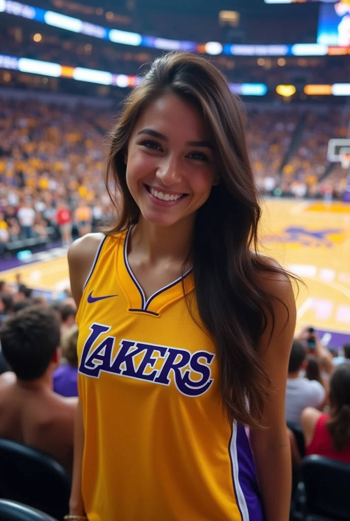 brunette, in a Lakers basketball jersey, in the stands of the Lakers stadium, fun photo, she takes a selfie with the field behind, not in portrait mode, iPhone quality, she smiles, very pretty girl, see the world well and the land behind