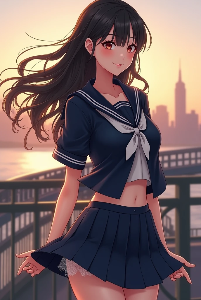 (8k、born、Professional、Highest quality、masterpiece:1.2)、(Genuine、Realistic:1.37)、Very detailed、(Portrait of a Woman No. 1)、(expensiveest Detail Skin:1.2)、(expensiveest detail face:1.2)、1 Female、1、(View your audience)、Black Hair、Long Hair、expensive 、日本の高bornセーラー服の、Navy blue ribbon around neck、The wind blew up her pleated miniskirt., Revealing white lace panties.、Sunset sky、The cityscape at dusk can be seen in the distance、Golden Hour、1、(8k、born、Professional、Highest quality、masterpiece:1.2)、(Genuine、Realistic:1.37)、Very detailed、(Portrait of a Woman No. 1)、(expensiveest Detail Skin:1.2)、(expensiveest detail face:1.2)、1 Female、1、(View your audience)、Black Hair、Long Hair、expensive 、日本の高bornセーラー服の、Navy blue ribbon around neck、The wind blew up her pleated miniskirt., Revealing white lace panties.、Clear skies、The morning cityscape can be seen in the distance、Golden Hour、Shoulders exposed:1.3、White string buns）、Blushing