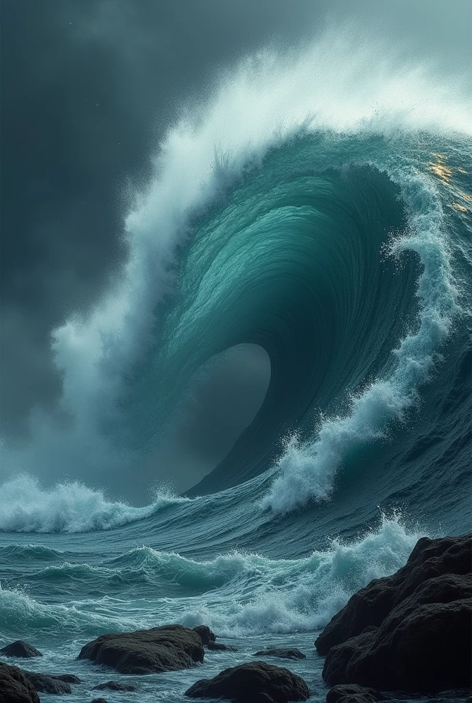 A minimalist, dark background, slightly blurred, depicting a storm.
A huge wave, hurricane, storm against the Gold & Silver. over-react