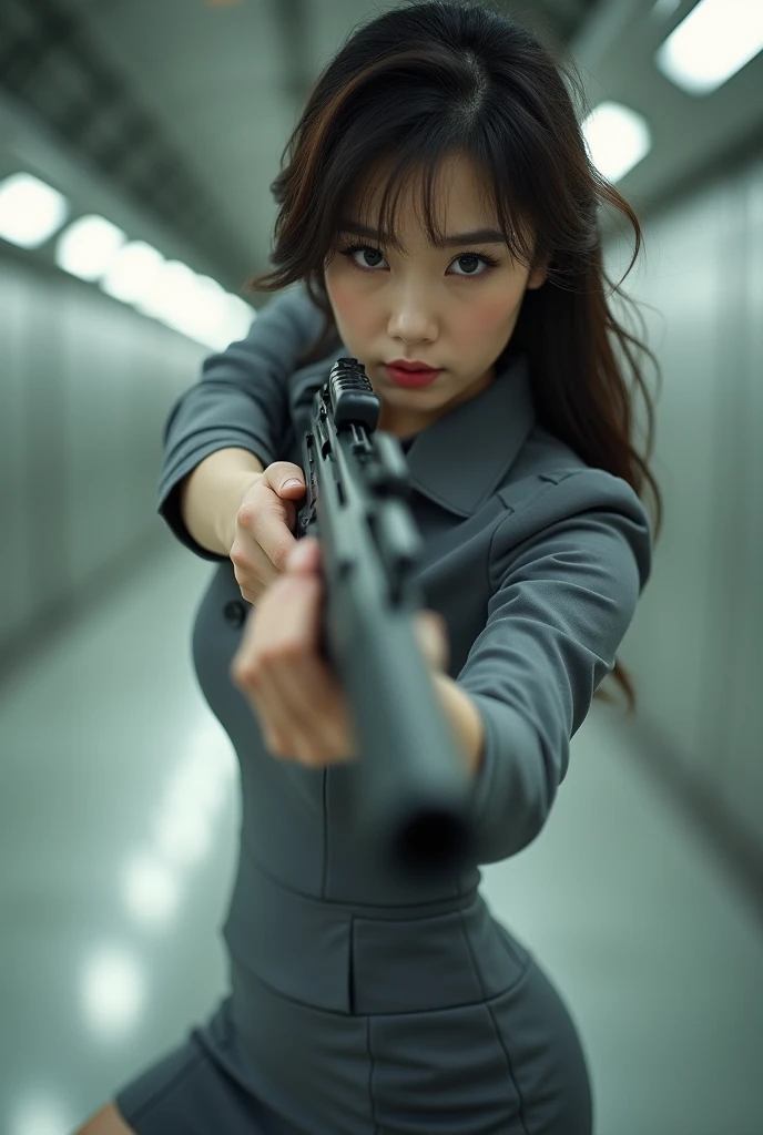 real person realistic beautiful korean flight stewardess grey super tight dress mini skirt standing stance legs open spreading arms straighten full portrait holding rifle gun pointing shouting at you front facing hip low waist aiming at you shooting range sexy legs