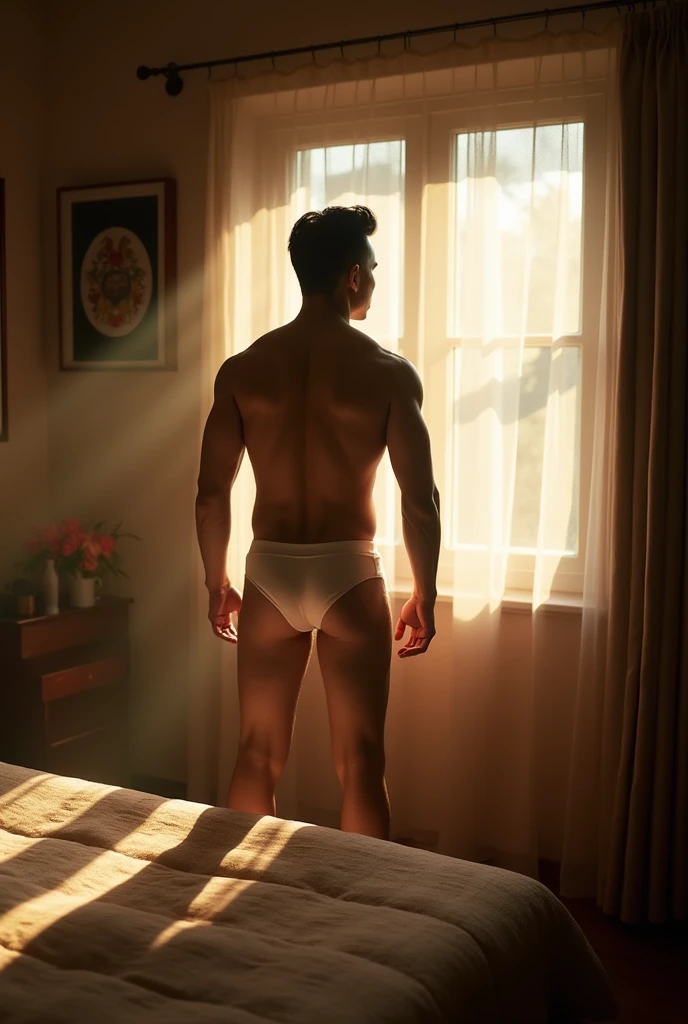 In a Vietnamese bedroom, a Vietnamese man stands near a window, wearing boxer underwear. Sunlight streams in, casting long, gentle shadows across the room. The composition, with its balanced elements, emphasizes his confident stance and showcases the quiet serenity of the intimate space.