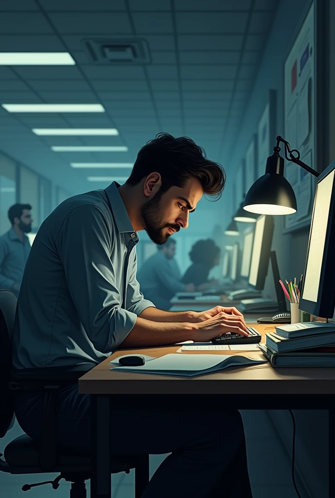 At the company office、While other colleagues prepare to go home、Illustration of a man working overtime with a painful expression