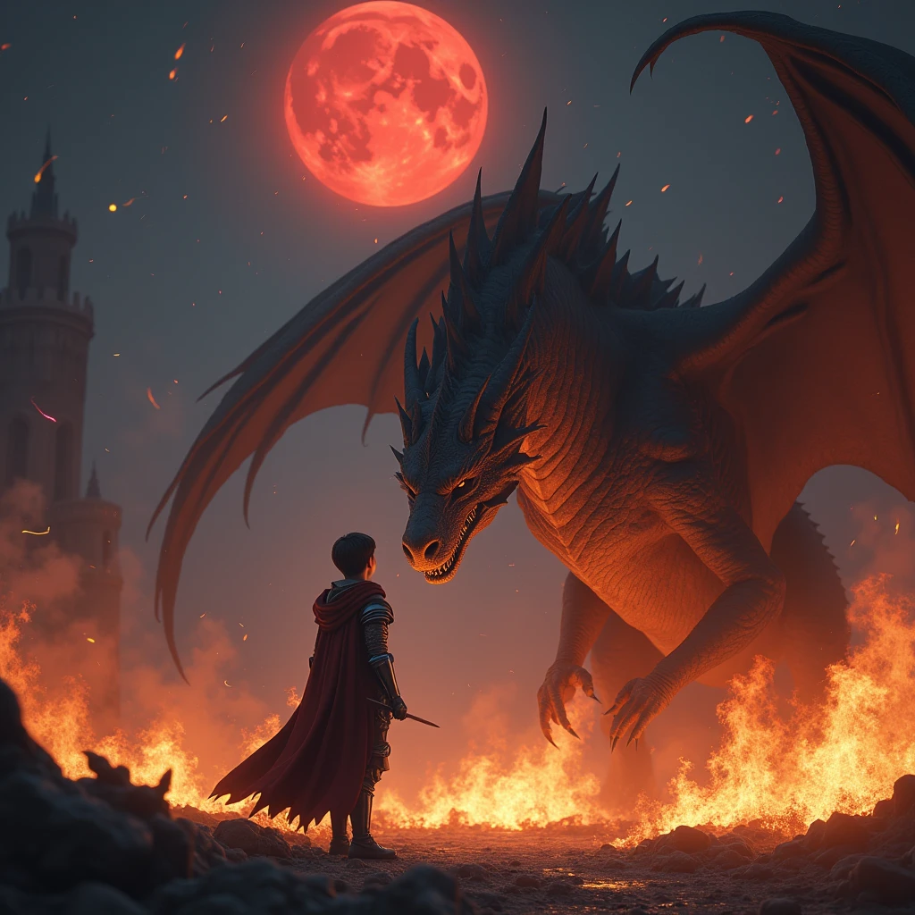 (photorealism:1.2), young knight, stand facing a giant red fire dragon, at night among a fire, black moon