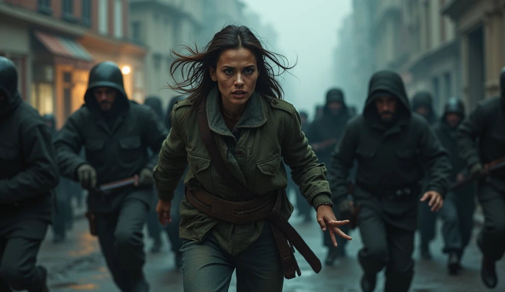 "A dramatic and intense movie cover or poster, featuring a woman fighting fiercely against a horde of communists, showing courage and determination through their facial expression. She is dressed in ragged clothes and is running down a dark street., deserted city street. Scary and creepy communists approach her. The scene is dark and atmospheric, with a realistic and dark style. The book title is displayed prominently at the top in bold, old font."