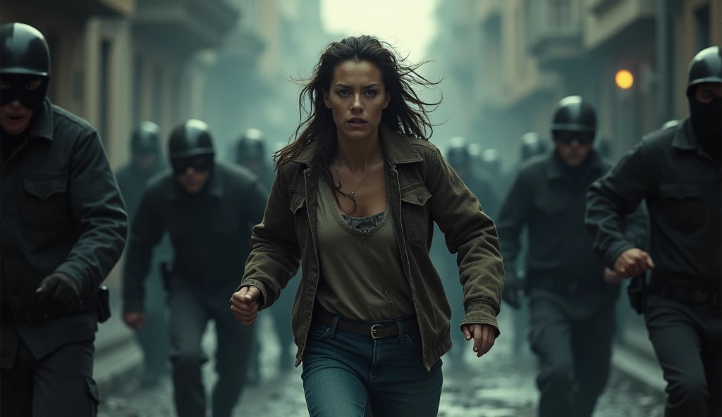 "A dramatic and intense movie cover or poster, featuring a woman fighting fiercely against a horde of communists, showing courage and determination through their facial expression. She is dressed in ragged clothes and is running down a dark street., deserted city street. Scary and creepy communists approach her. The scene is dark and atmospheric, with a realistic and dark style. The book title is displayed prominently at the top in bold, old font."