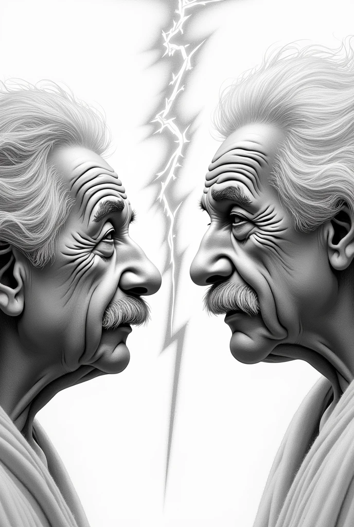 Draw me a poster of the conflict between Faith and Reason side by side with Albert Einstein on the left and God on the right. (Drawn in pencil) face to face and a lightning bolt in the middle