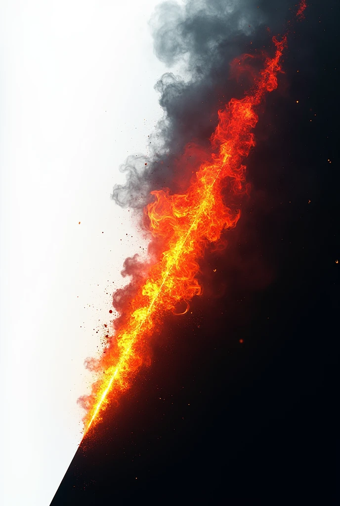 A white background with black with flames that divide them in an inclined shape but the flames come out of the black color in mostly vibrant colors