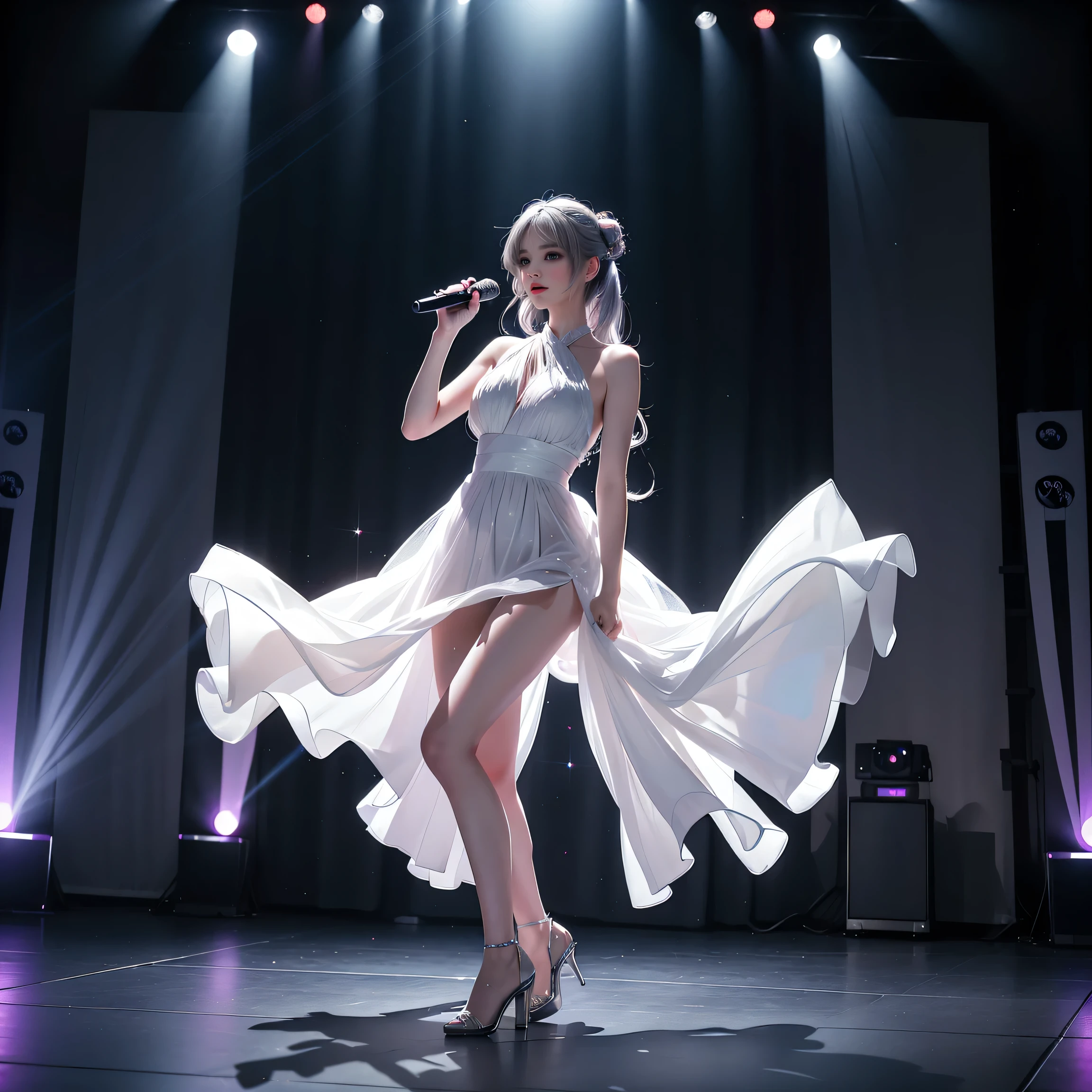 ((A girl standing on the stage of the main hall))、蛍光Farbe、One Girl、Look to the side、Beautiful Face、Beautiful Eyes、(Big Blue Eyes）、（Silver dull hair）、Shiny Hair、Glowing Skin、Reduce glare、Finger Proportion Adjustment、Escrow、Bat View、（Dancing（）、Dynamic Angle、（Master Parts）、（Highest quality）、（Ultra detail）、（An Illustration）、（Detailed light）、（Very delicate and beautiful）、Dramatic Shadows、Ray Tracing、reflection、Ultra high resolution、（Master Parts）、（Highest quality）、（ultra HD）。 High resolution、（（Colorful hair and mesh））、Her hair flutters in the wind、（大きな深い青Farbeの目）、Silver Hair、haired woman、Sparkling Butterfly、Sparkling Butterfly、黒haired woman、Points of light around the woman、Magical Aura、緑Farbeの点、The nature of the aura、Magical Aura黒haired woman、((Translucent white one-shoulder dress：1. 3）、（Sleeveless）、（The skirt flutters in the wind）、（Searchlight）((Farbe々Laser beam))、（I can see her white panties）（Full Body Shot）、（Long legs）、（High heels）、holding a microphone in one hand、