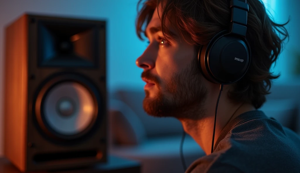 a photo of a speaker and someone listening to it as if he couldnt hear anything