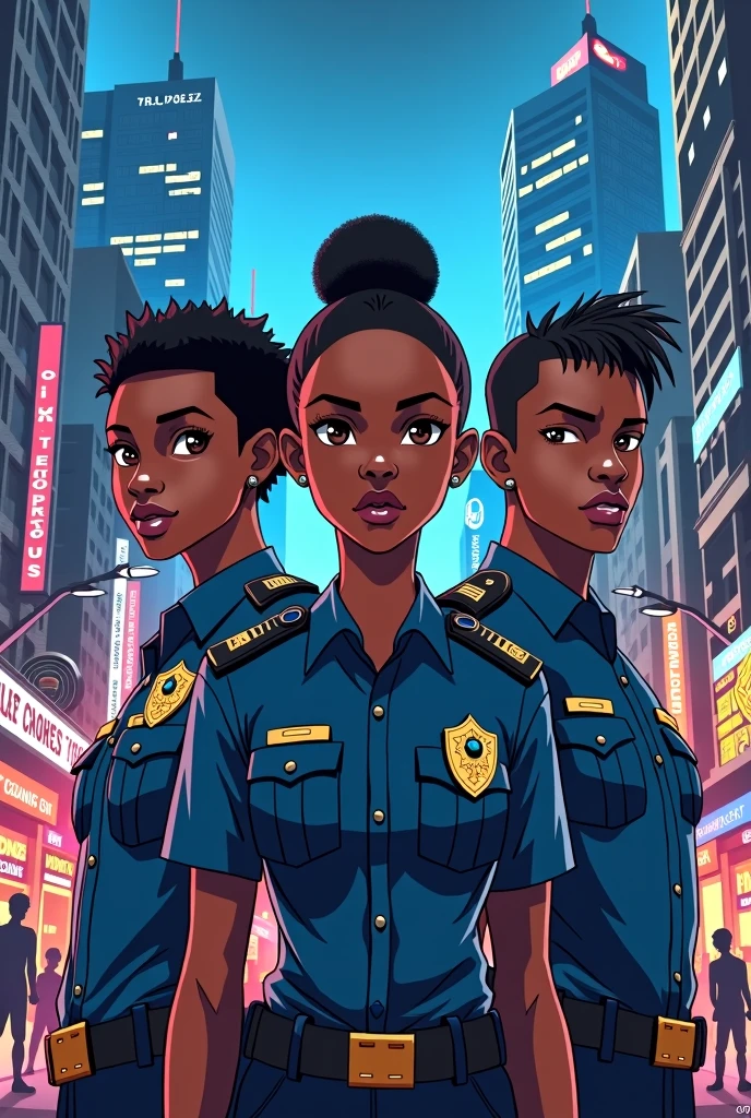 Trois personnages policier africain dont 2 garçons et 1 fille avec le titre du manga nommé police quest 