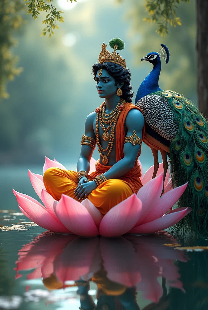 Create an image of a lord krishna sitting on a lotus flower besides a peacock